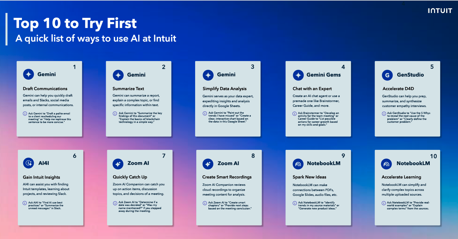 AI Enablement — Top 10 to Try First reference card
